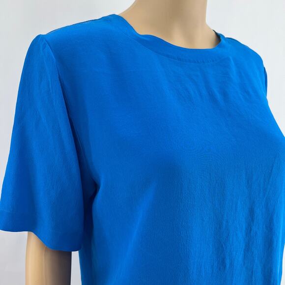 VINTAGE Christie & Jill MEDIUM Blue 100% SILK Short Sleeve Top Shirt Blouse - Picture 2 of 5